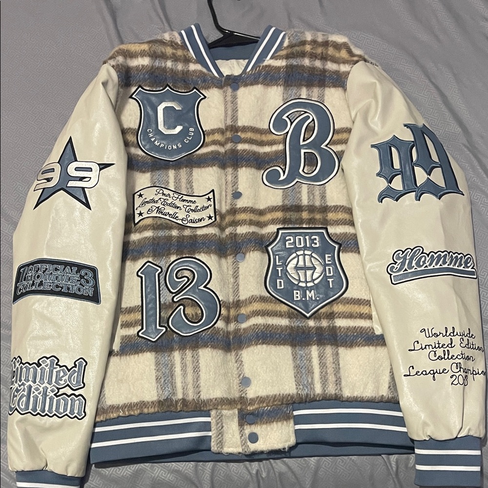 Men's Plaid Varsity Jacket with Blue and Cream Accents